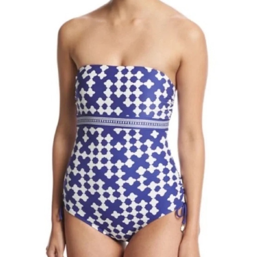Kate Spade Strapless One Piece Swimsuit, blue and white, Medium